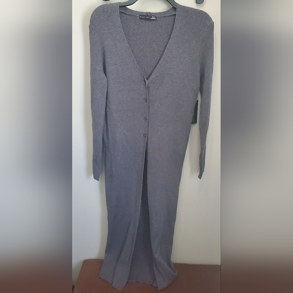 - Extra Long Charcoal Button Up Cardigan Sweater. - Picture 2 of 3